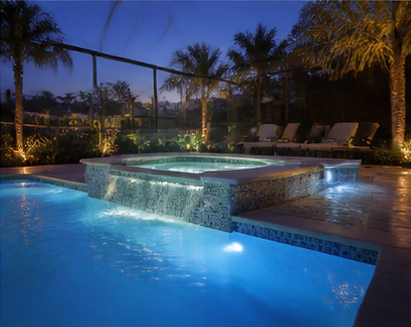 Pool and spa lit from within at dusk with landscape lighting in the palms.