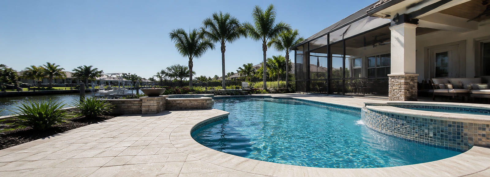 Freeform backyard pool with limestone deck, spa spillover, and palms along a Florida canal.