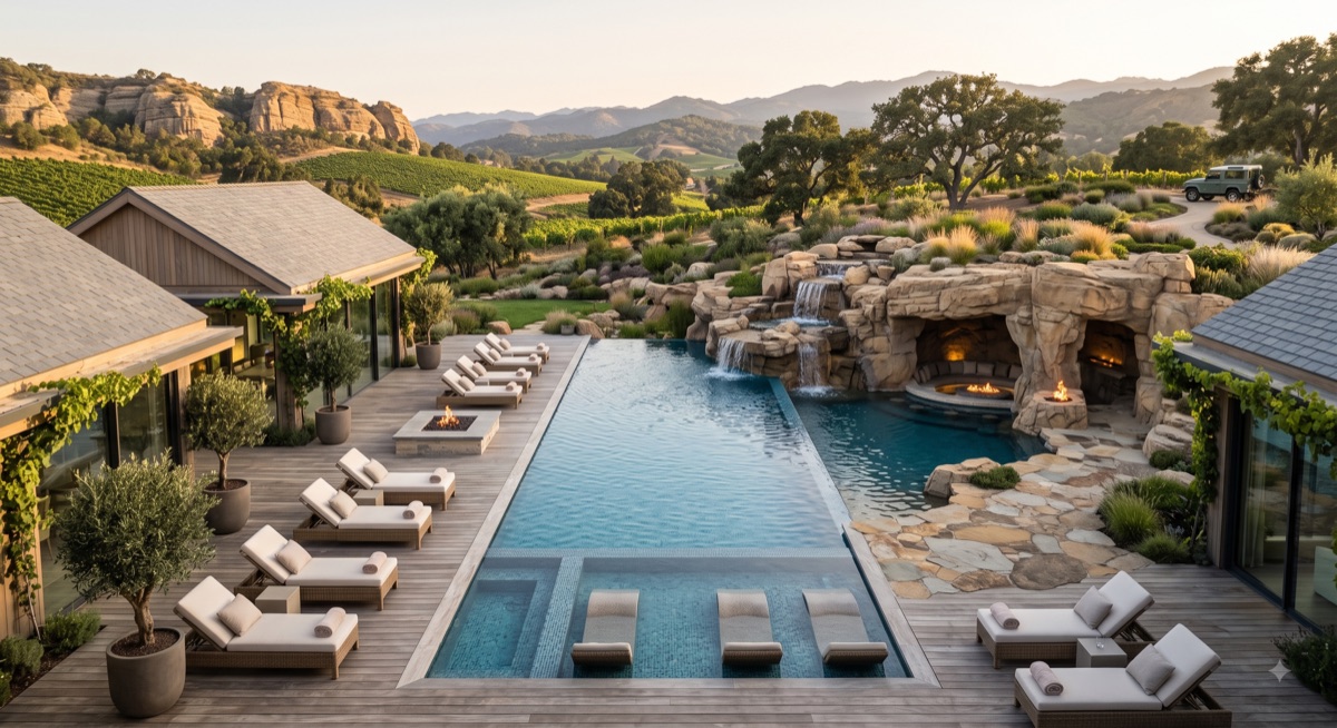 Infinity pool on a vineyard hillside with a rock grotto, waterfall, and fire bowls.