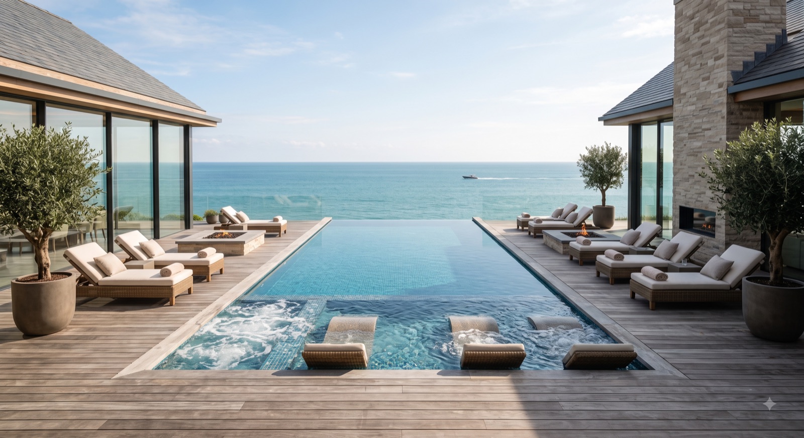 Infinity-edge pool with in-water loungers and a teak deck overlooking the open ocean.