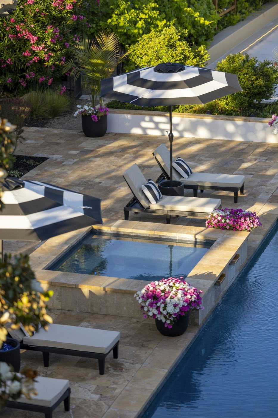 Poolside lounge chairs and a raised spa framed by flowering planters.