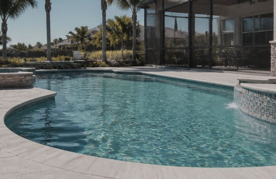 Pool with dull green water and a faded interior finish before restoration.