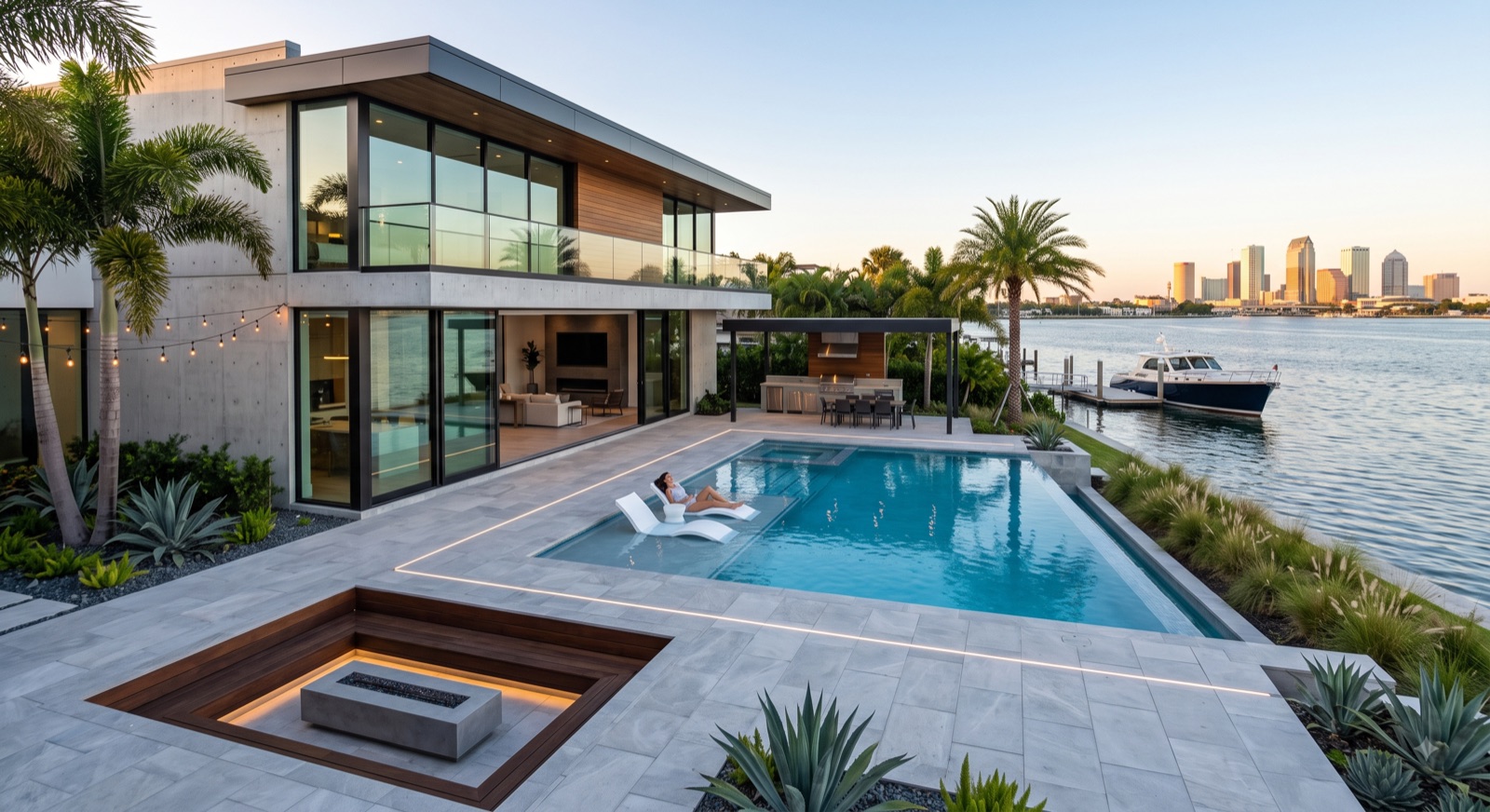 New waterfront pool and sunken fire pit beside a modern home, with the Tampa skyline beyond.